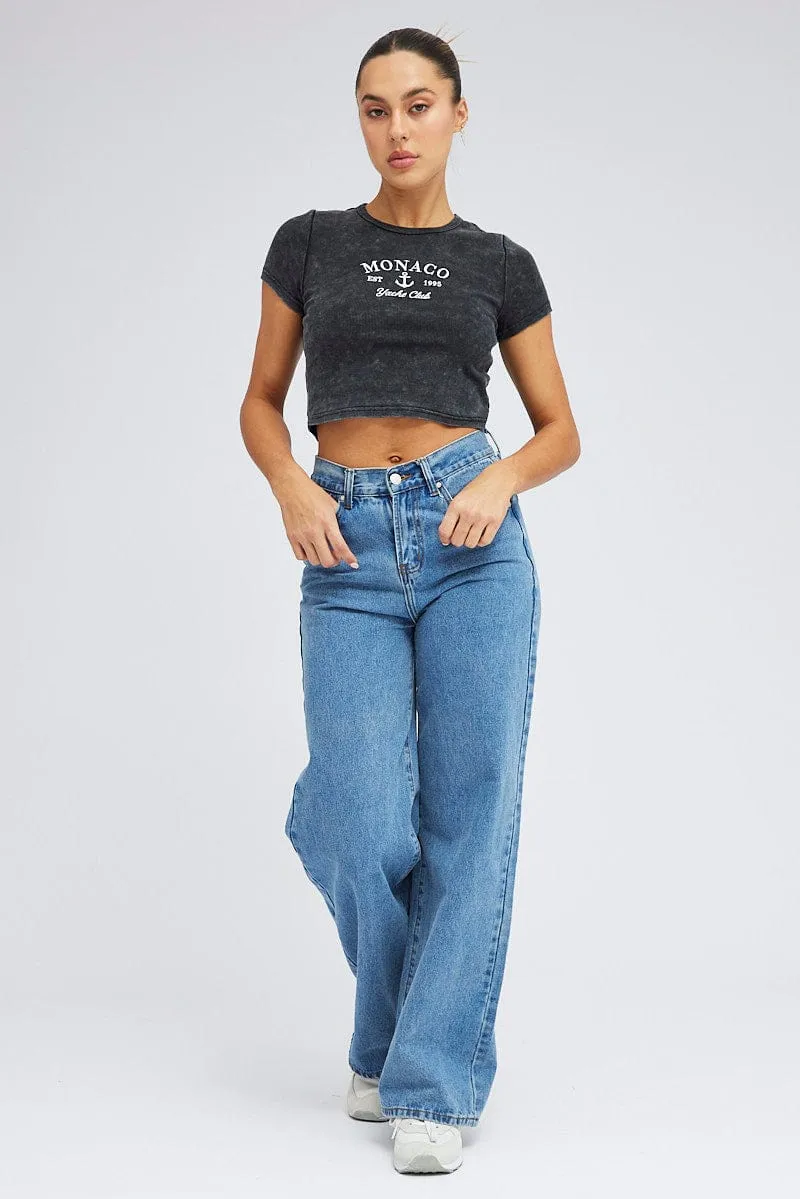 Black Baby Tee Short Sleeve Crop Round Neck Graphic