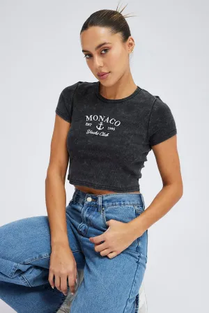Black Baby Tee Short Sleeve Crop Round Neck Graphic