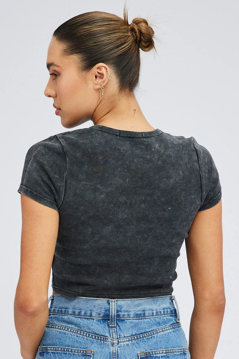 Black Baby Tee Short Sleeve Crop Round Neck Graphic