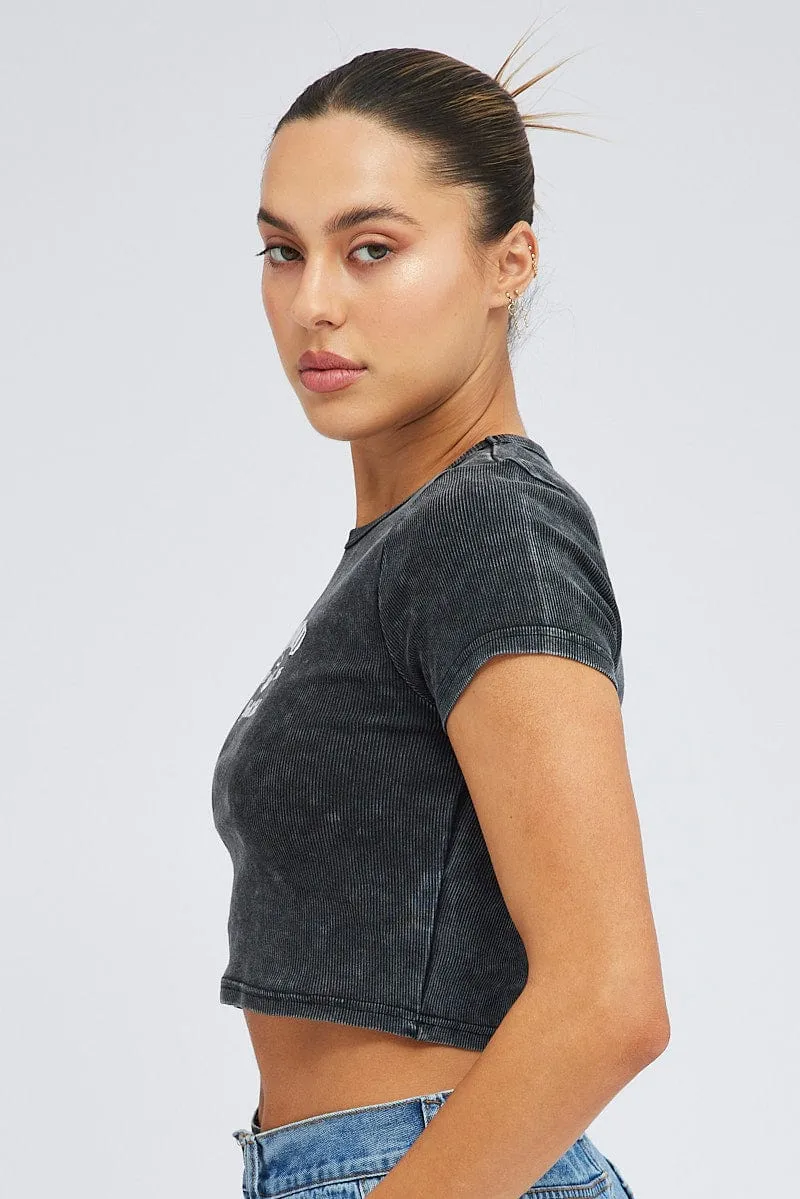 Black Baby Tee Short Sleeve Crop Round Neck Graphic