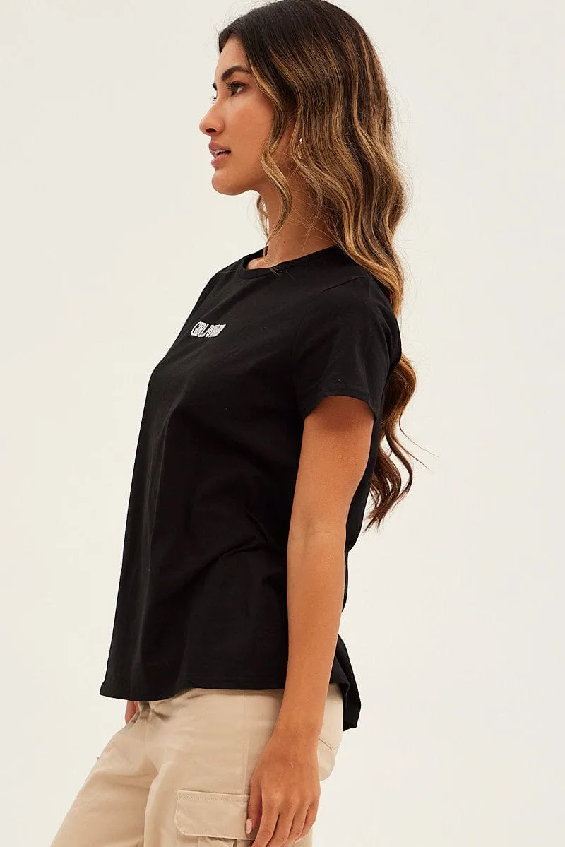 Black Embroidered Slogan Girl Power T-Shirt