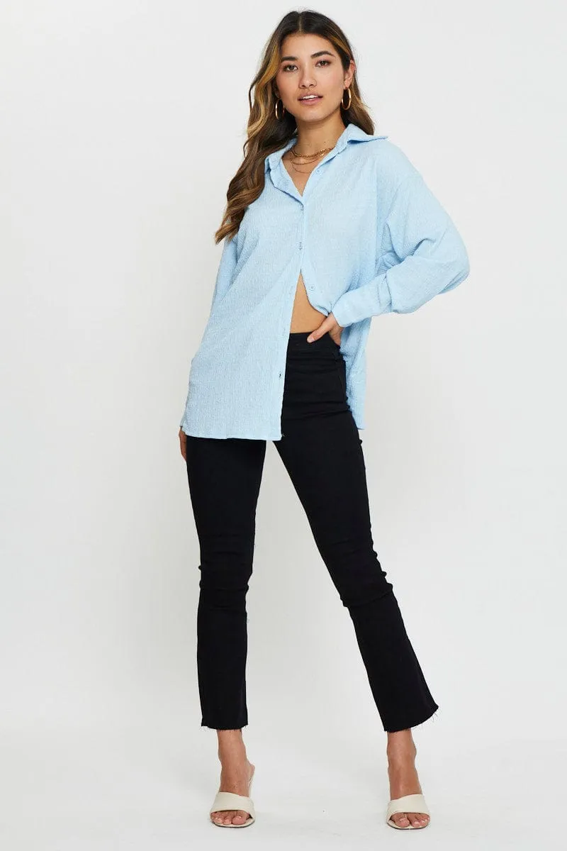 Blue Button Front Shirts Long Sleeve