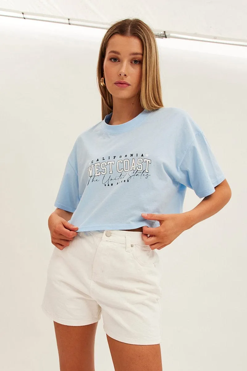Blue Graphic T-Shirt Crop West Coast Crew Short Sleeve