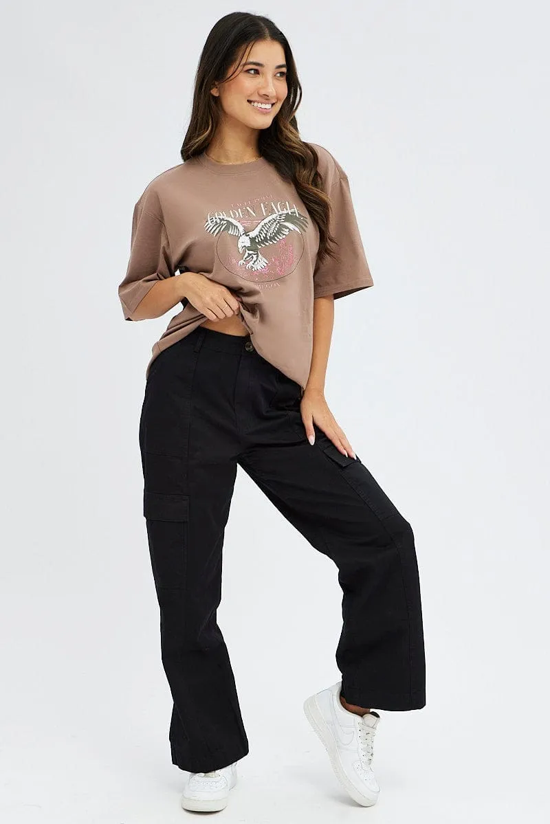 Brown T Shirt Short Sleeve Crew Neck Oversized Eagle