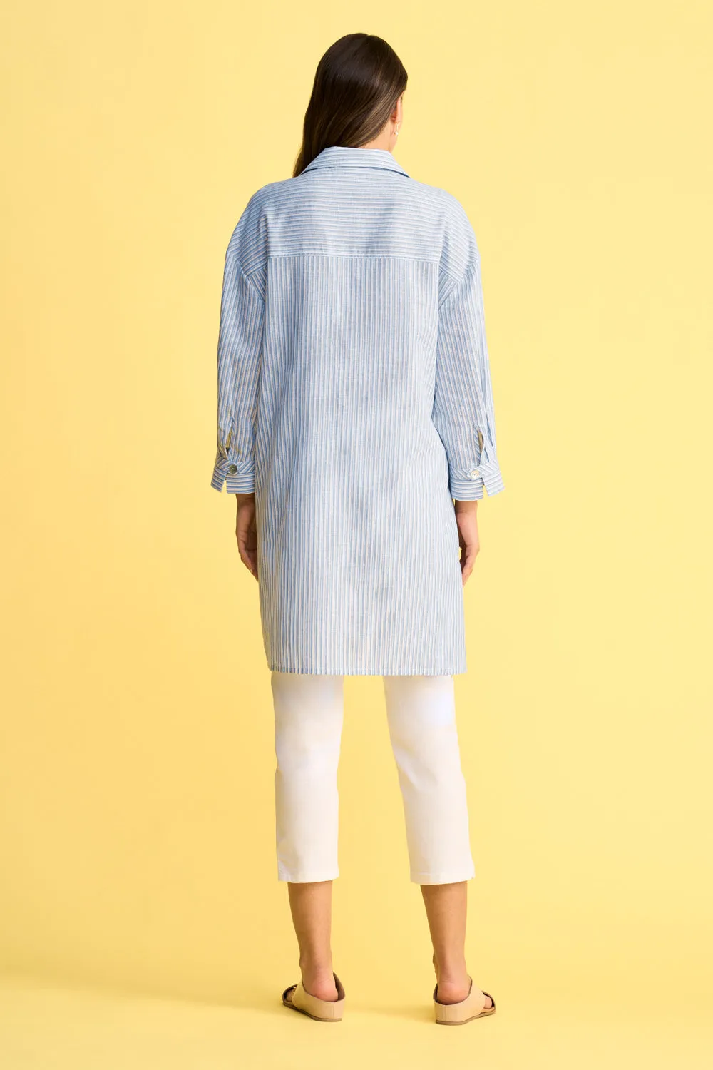 Cuff Long Line Shirt - Blue & White Stripe