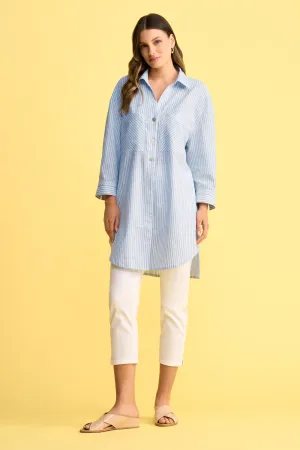 Cuff Long Line Shirt - Blue & White Stripe