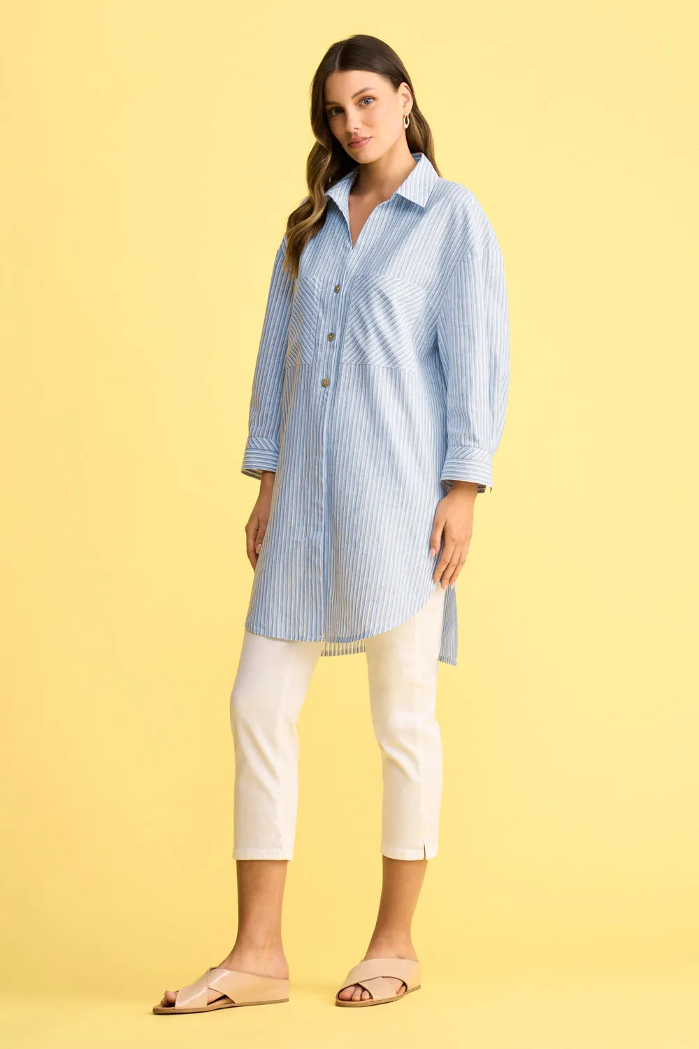 Cuff Long Line Shirt - Blue & White Stripe