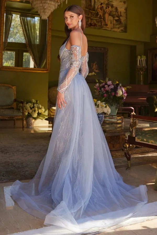 Fitted Long Formal Glitter Overskirt Prom Dress