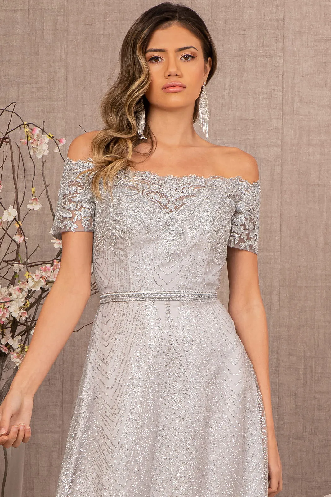 Glitter Print Mesh Long Prom Dress