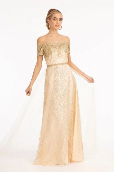 Glitter Print Mesh Long Prom Dress