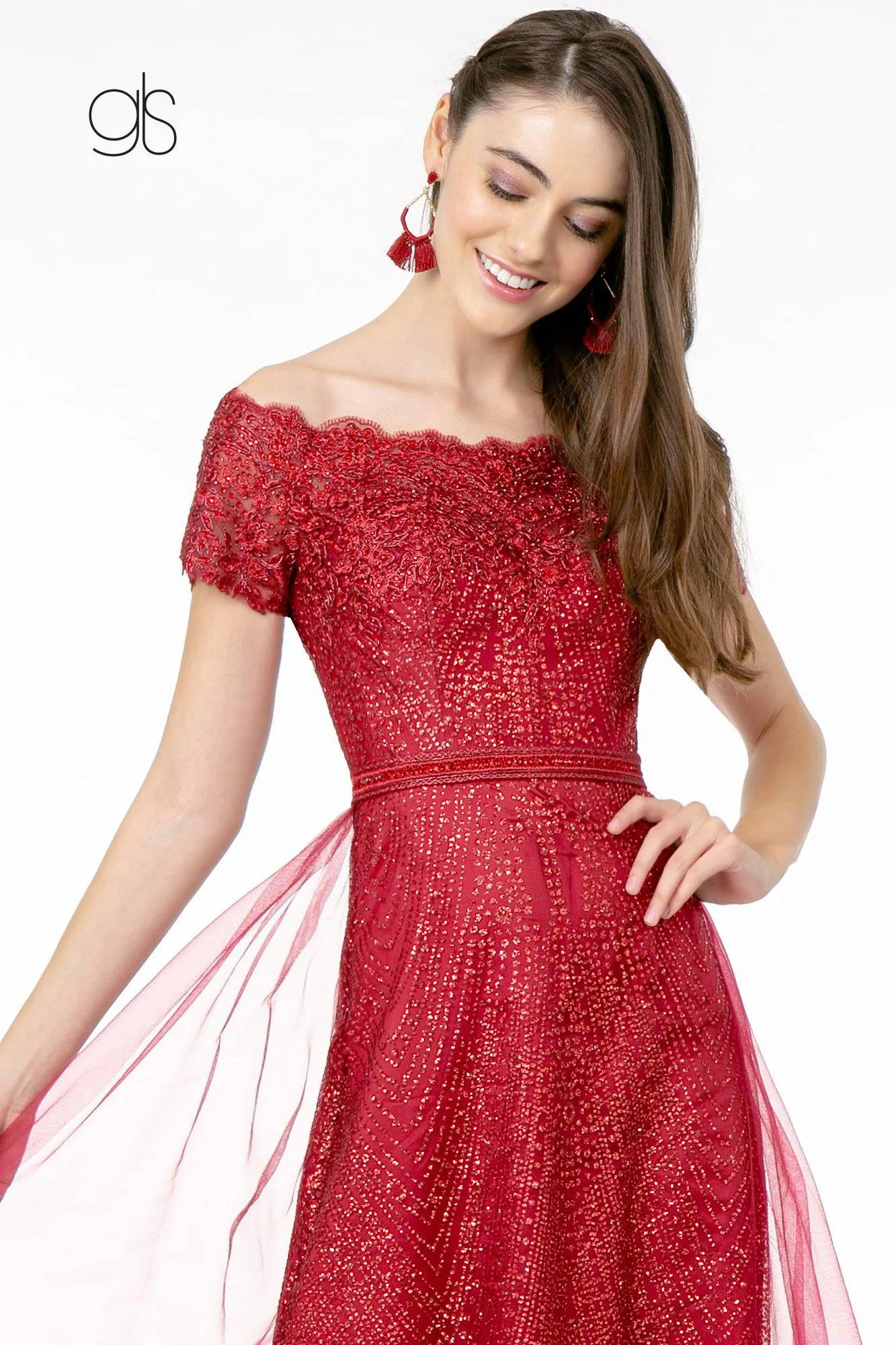 Glitter Print Mesh Long Prom Dress