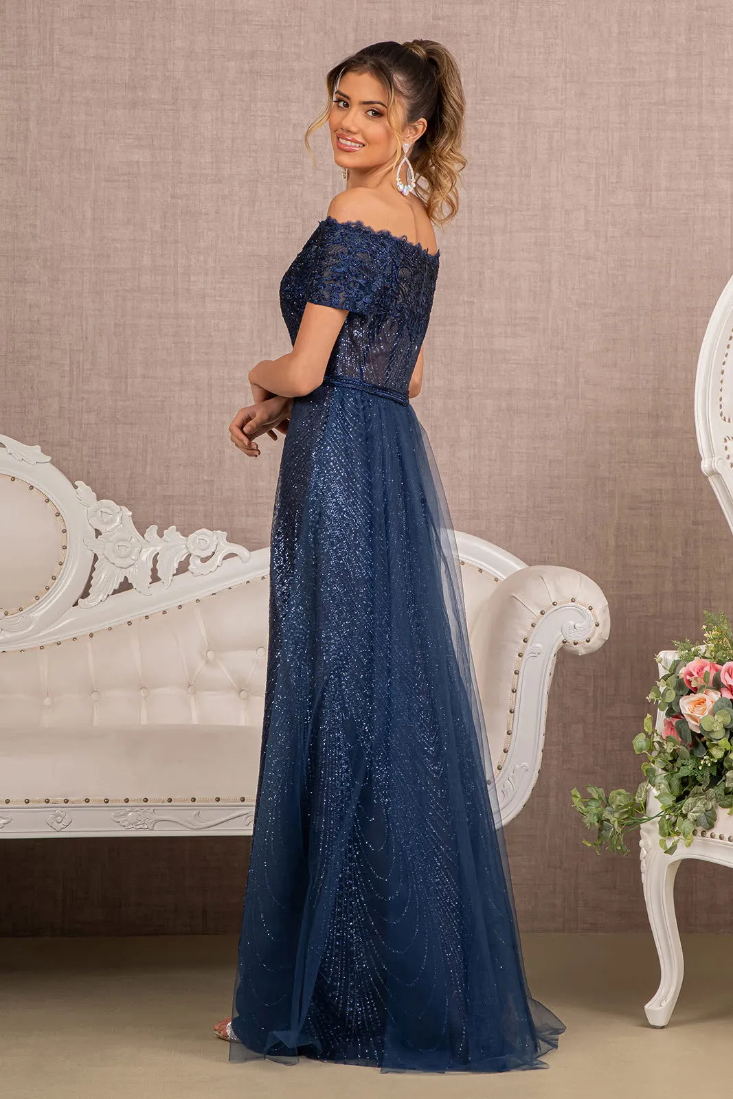 Glitter Print Mesh Long Prom Dress