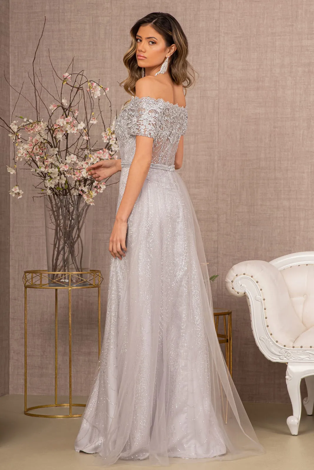 Glitter Print Mesh Long Prom Dress