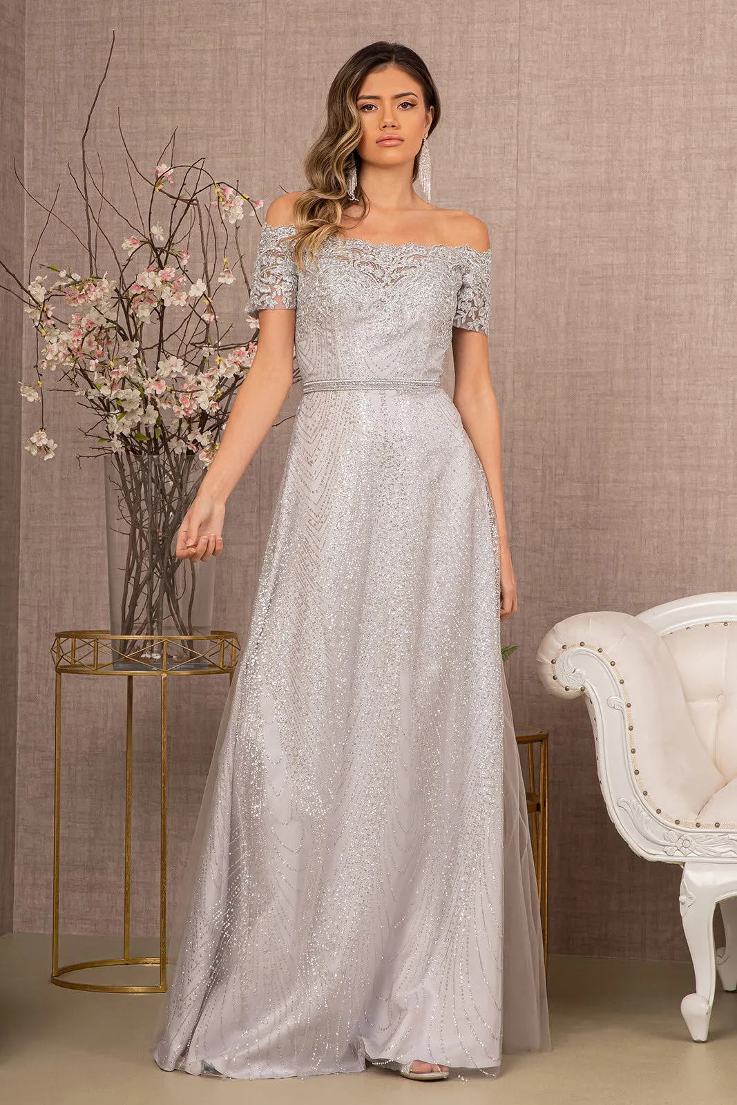 Glitter Print Mesh Long Prom Dress