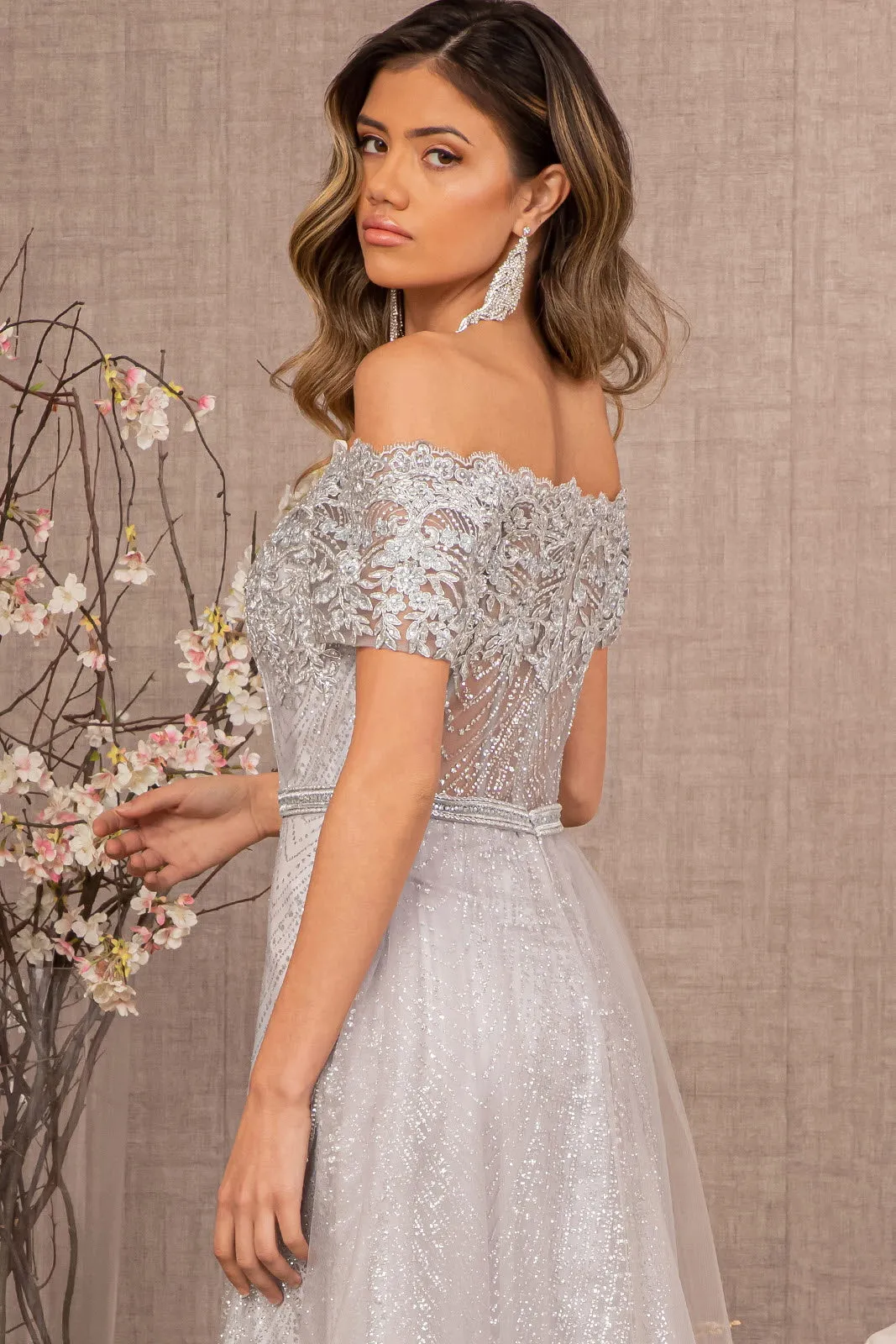 Glitter Print Mesh Long Prom Dress