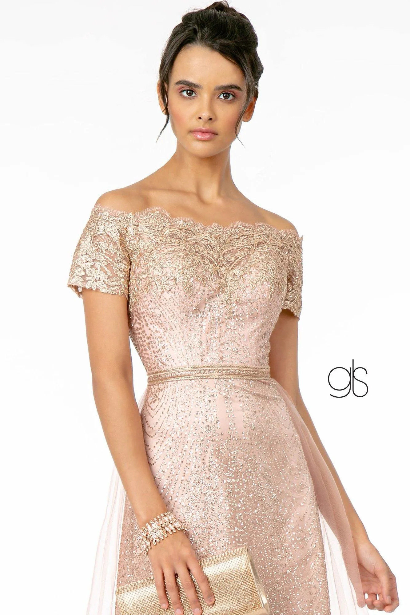 Glitter Print Mesh Long Prom Dress