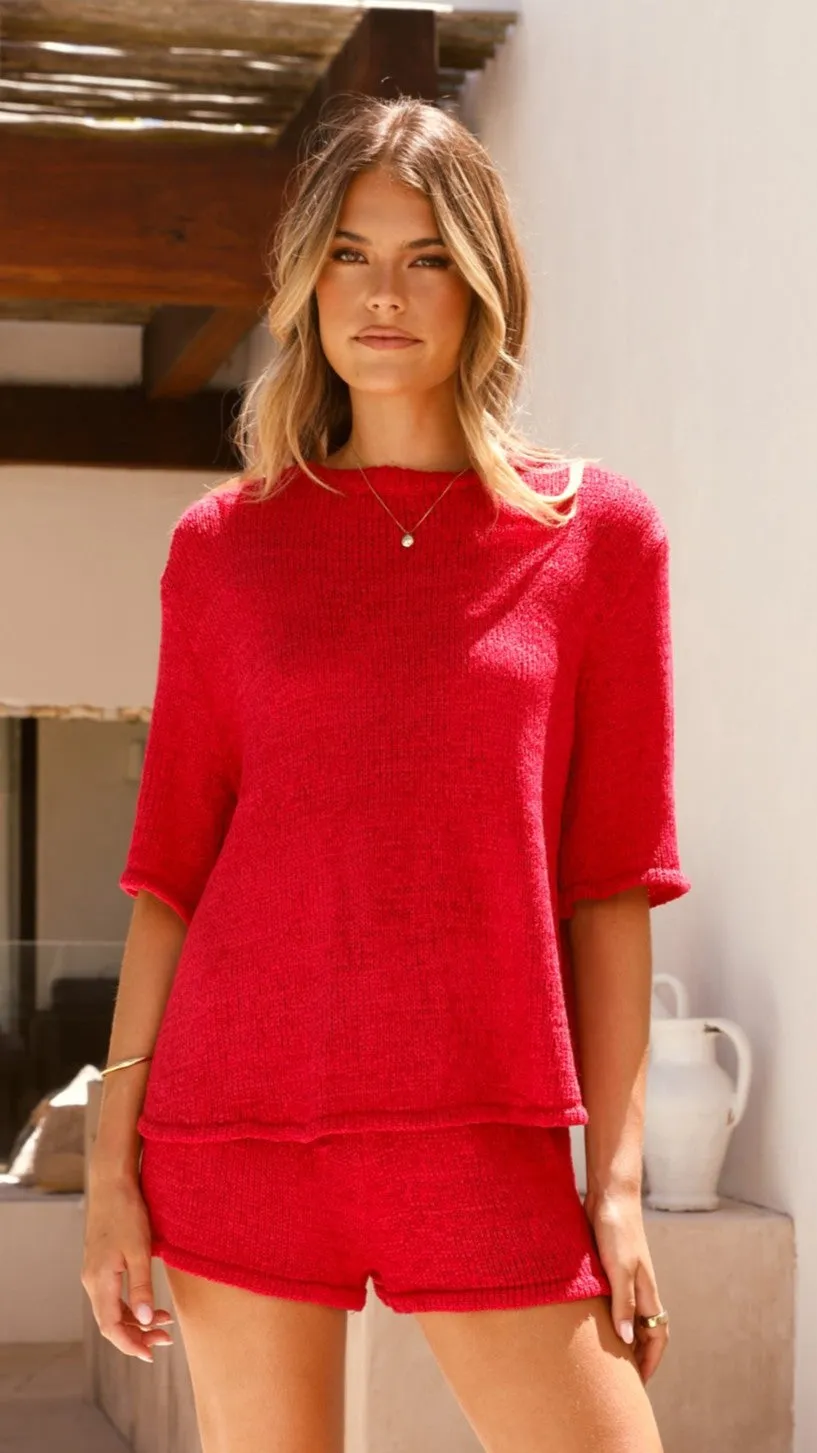 Habiba T-Shirt and Shorts Set - Red Knit