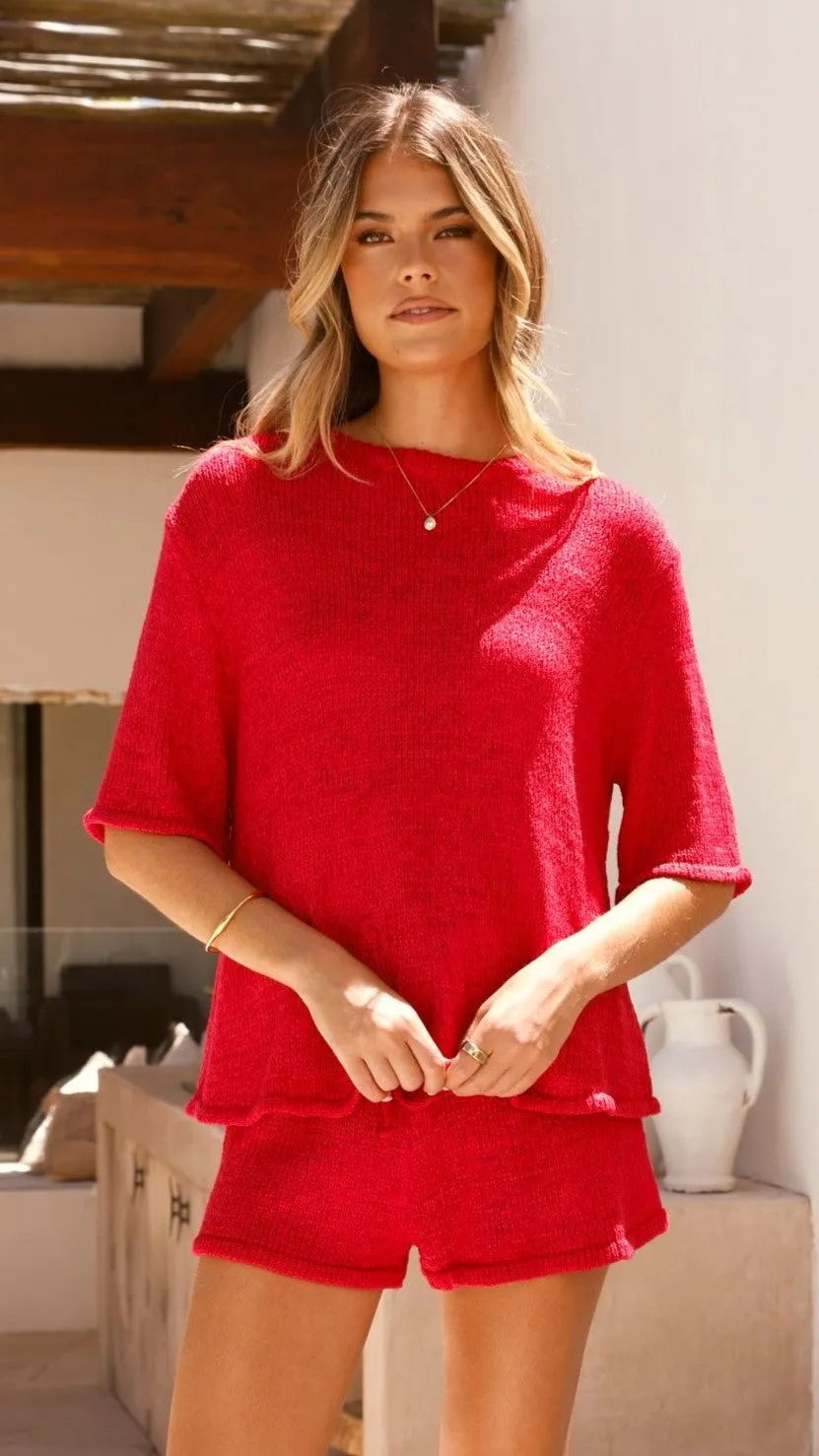 Habiba T-Shirt and Shorts Set - Red Knit