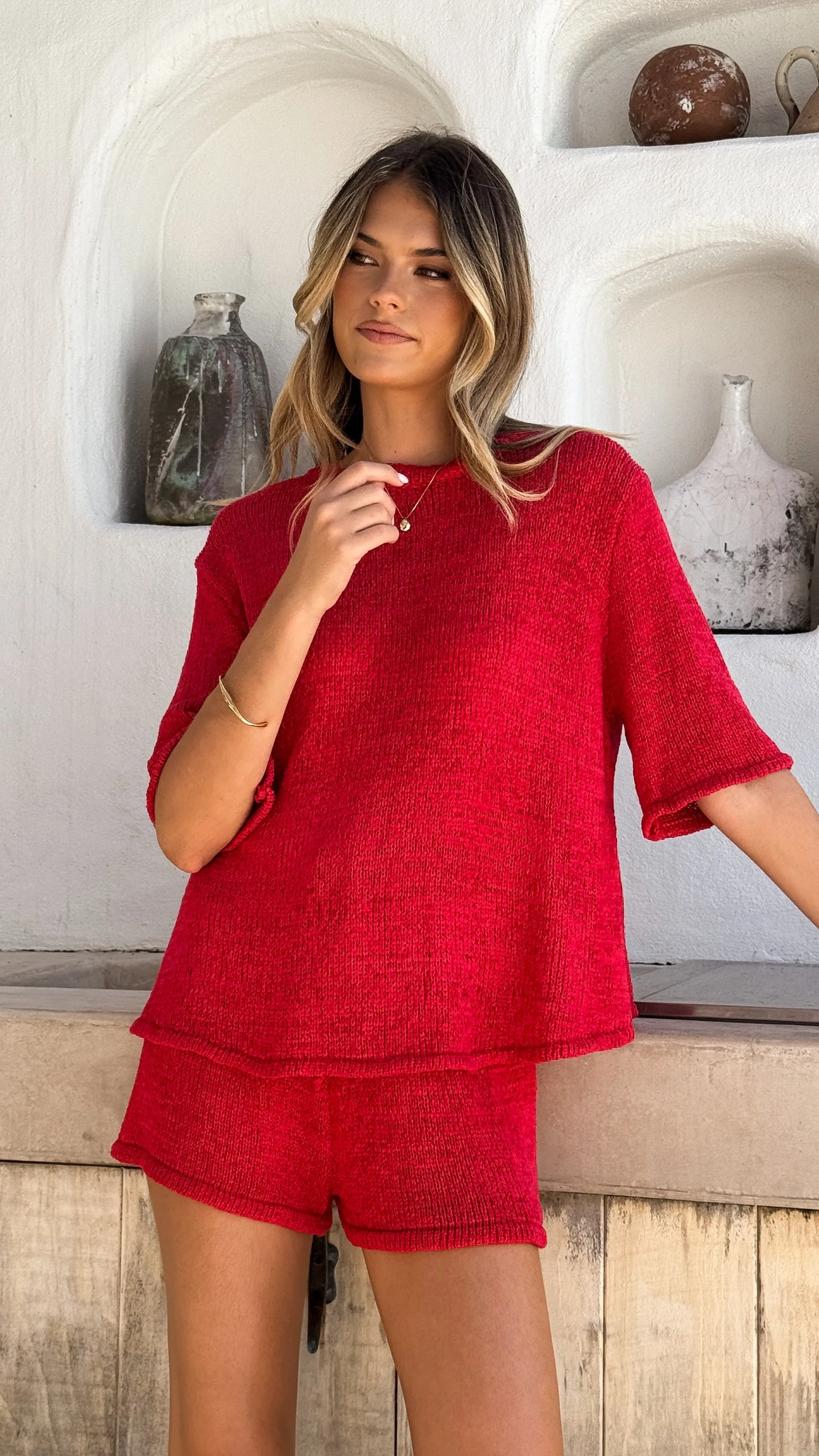 Habiba T-Shirt and Shorts Set - Red Knit