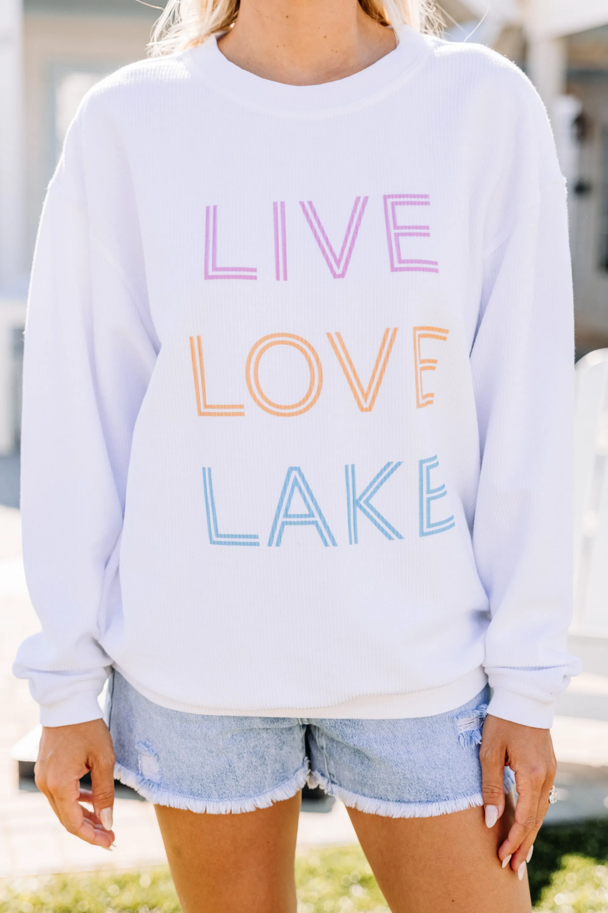 Live Love Lake White Corded Graphic Sweatshirt
