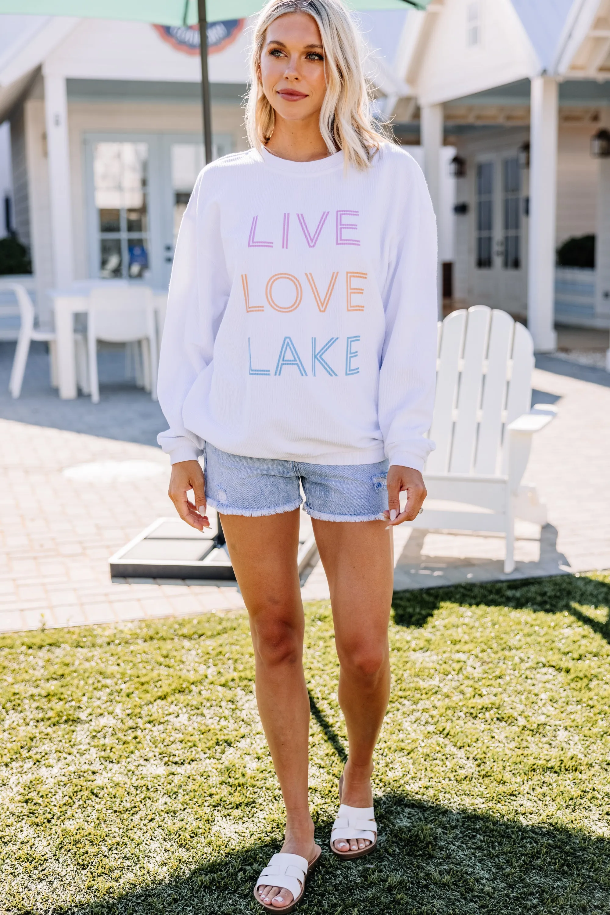 Live Love Lake White Corded Graphic Sweatshirt