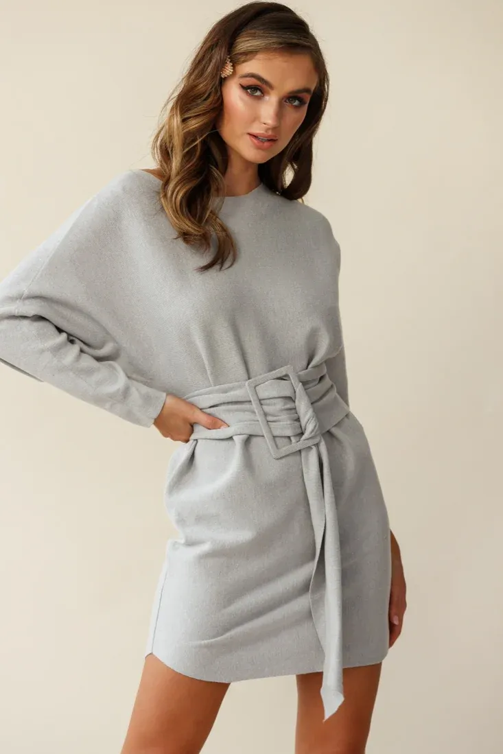 Lorelei Long Sleeve Wide Belt Knit Dress Grey