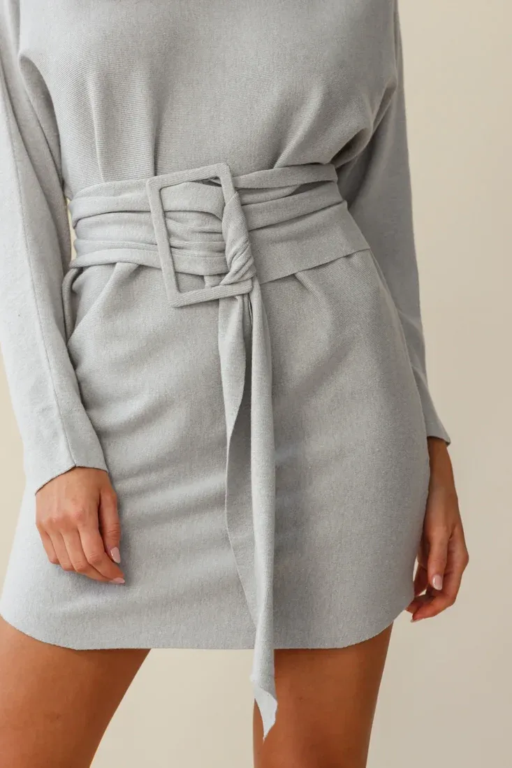 Lorelei Long Sleeve Wide Belt Knit Dress Grey