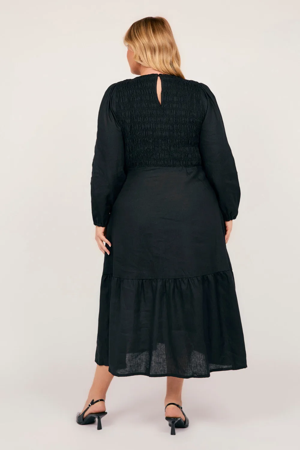 Minden Linen Long Sleeve Shirred Dress in Black