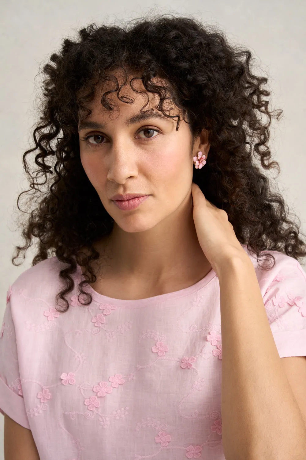 Mixed Linen Floral T-Shirt - Ice Pink