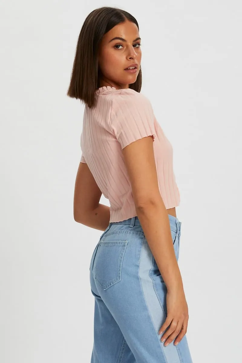 Pink Ribbed Open Front Top