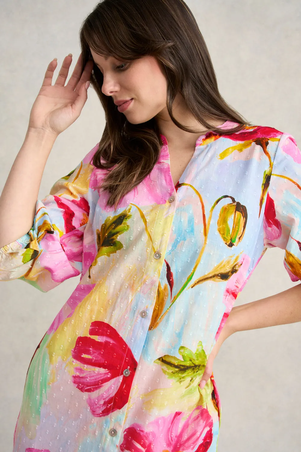 Printed Cotton Shirt Dress - Painterly Meadow