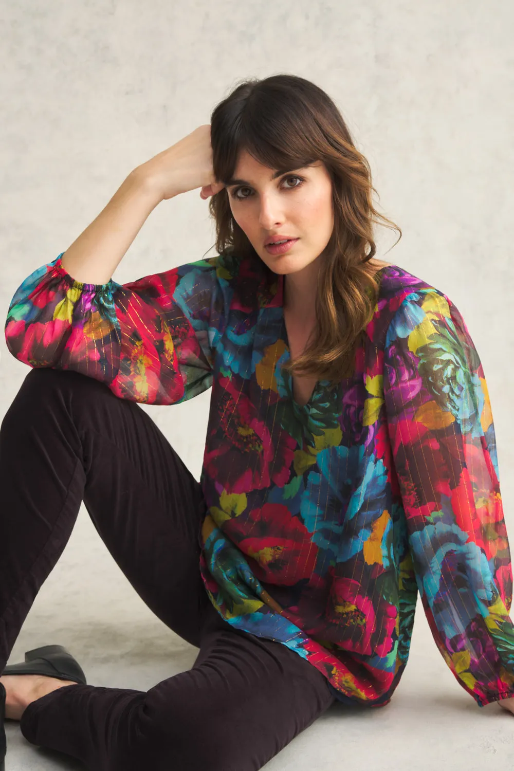 Printed Lurex Stripe Blouse - Oversized Floral