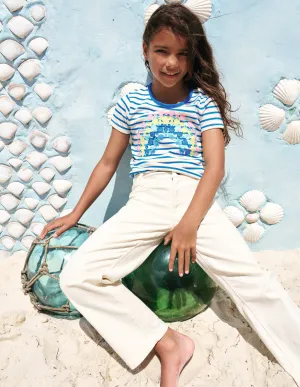 Short Sleeve Appliqué T-shirt-Peacock Plume Blue/Soft Ivory