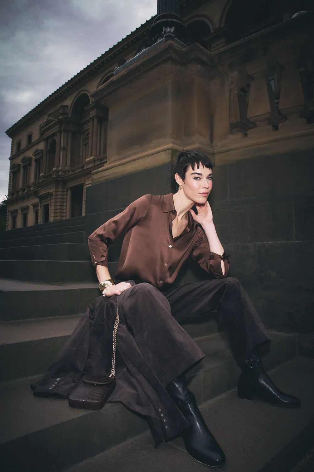 Stretch Silk Shirt - Coffee