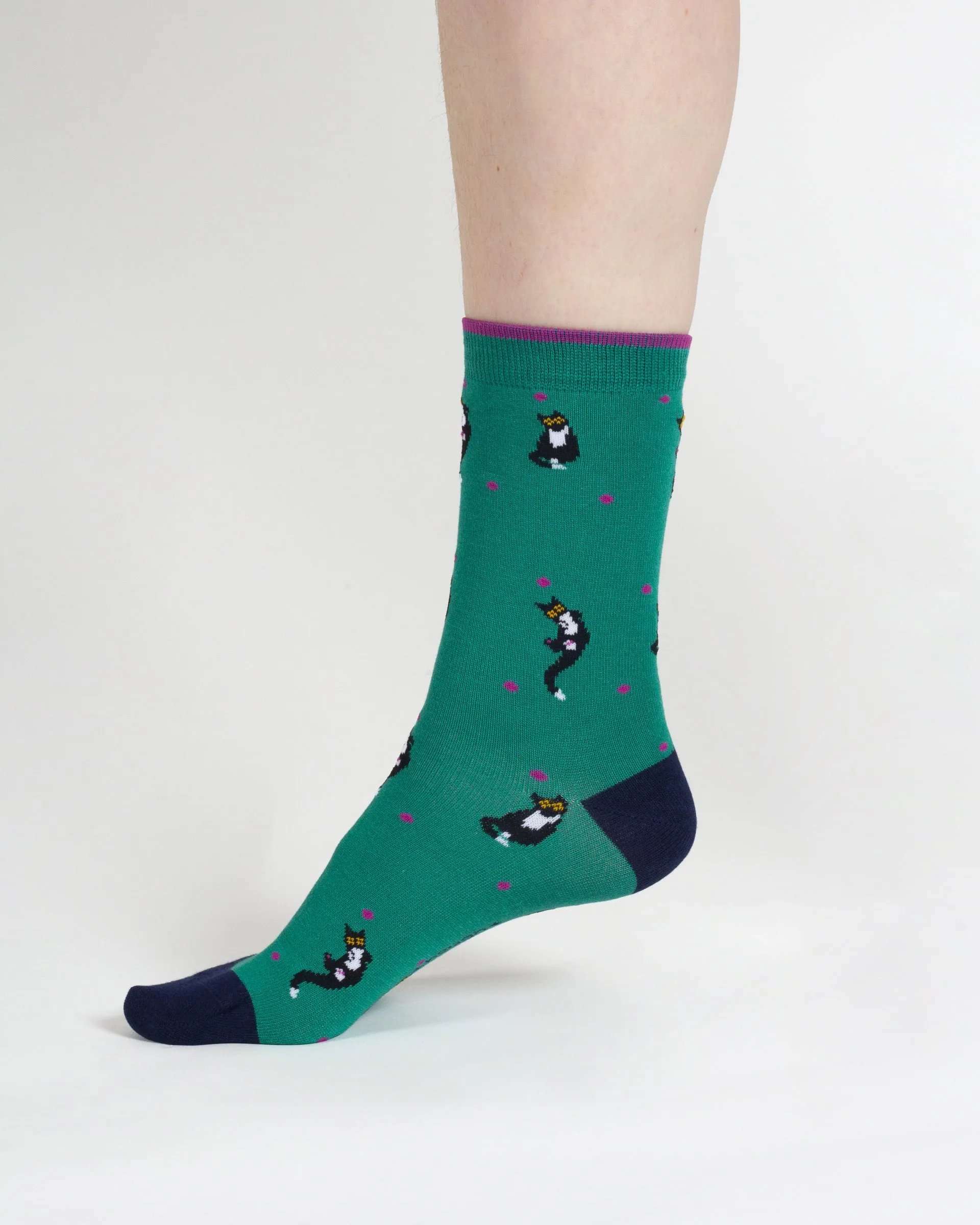 Stripe Floral And Cat Bamboo Gift Box of 7 Socks - Multi Blue Green