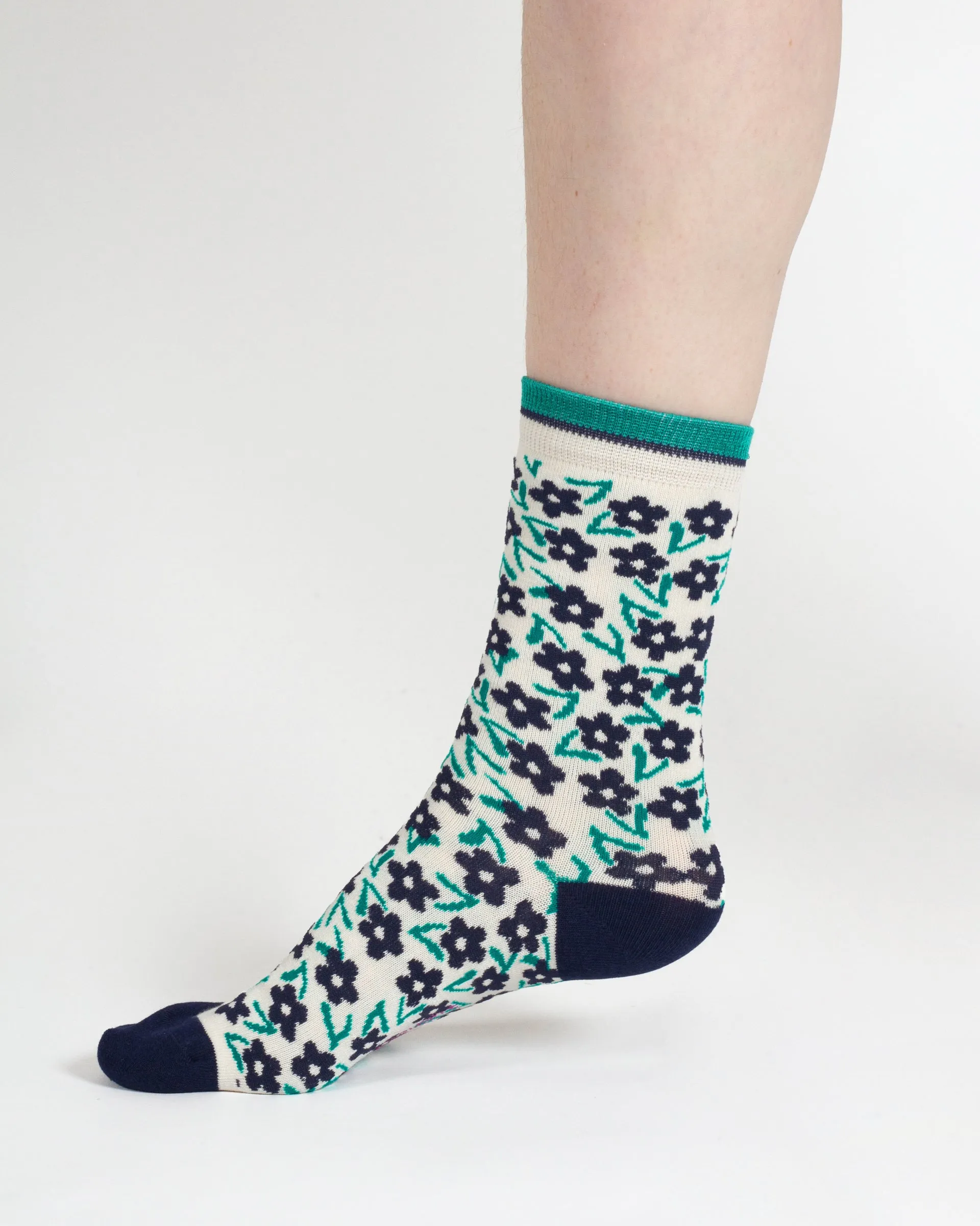 Stripe Floral And Cat Bamboo Gift Box of 7 Socks - Multi Blue Green