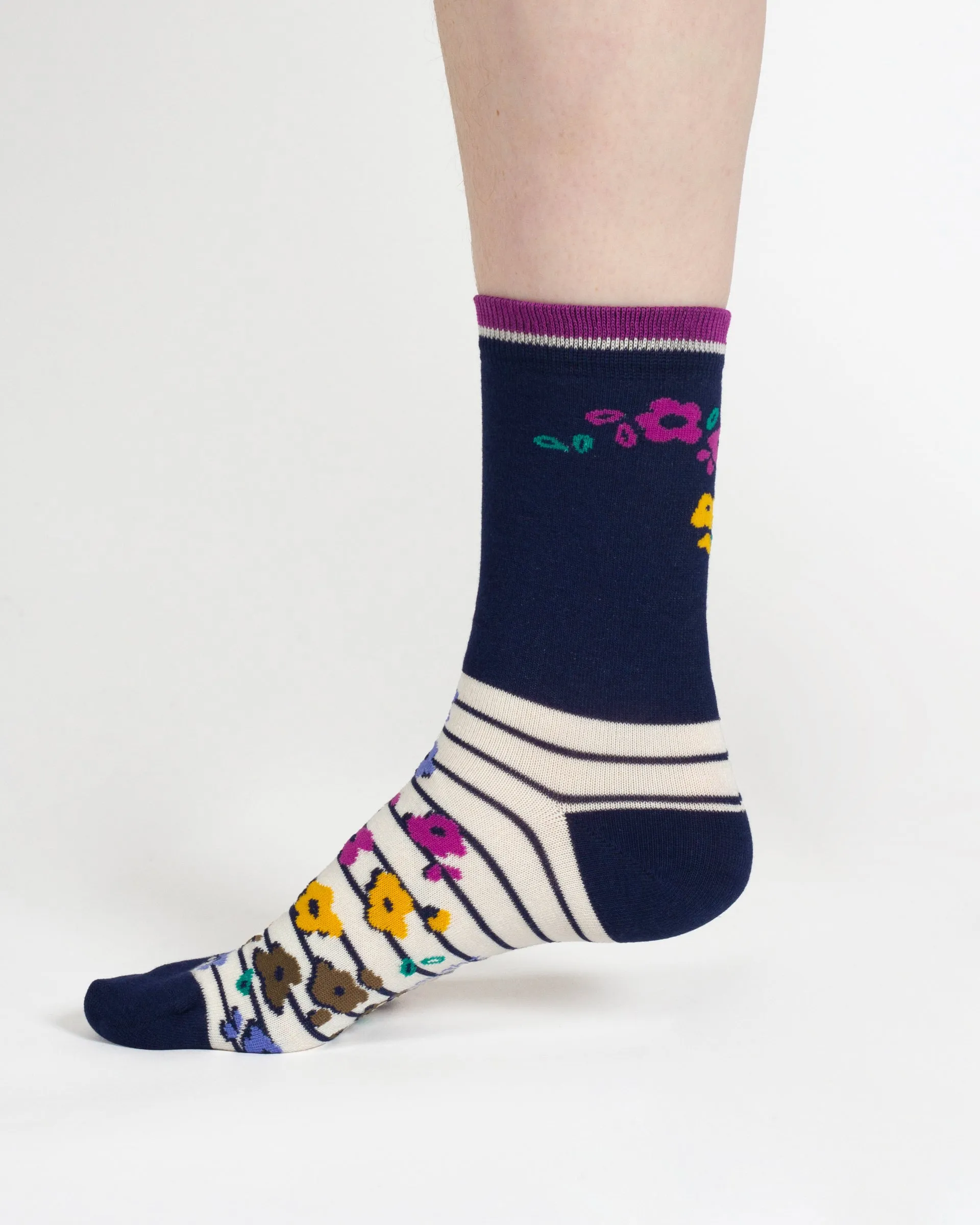 Stripe Floral And Cat Bamboo Gift Box of 7 Socks - Multi Blue Green