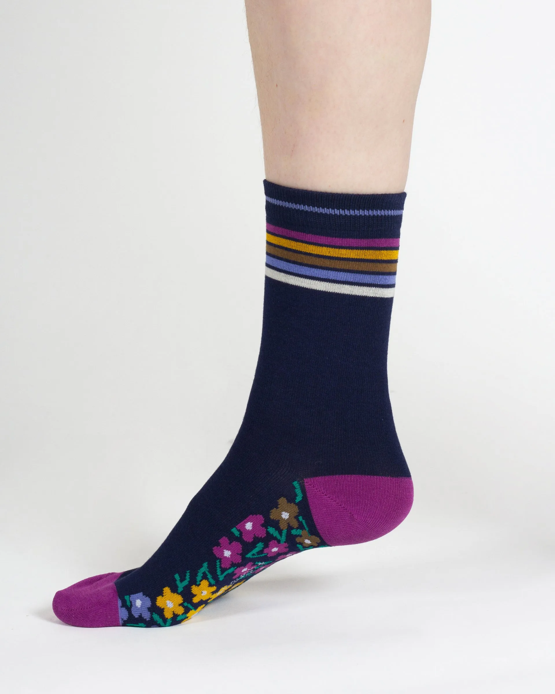 Stripe Floral And Cat Bamboo Gift Box of 7 Socks - Multi Blue Green
