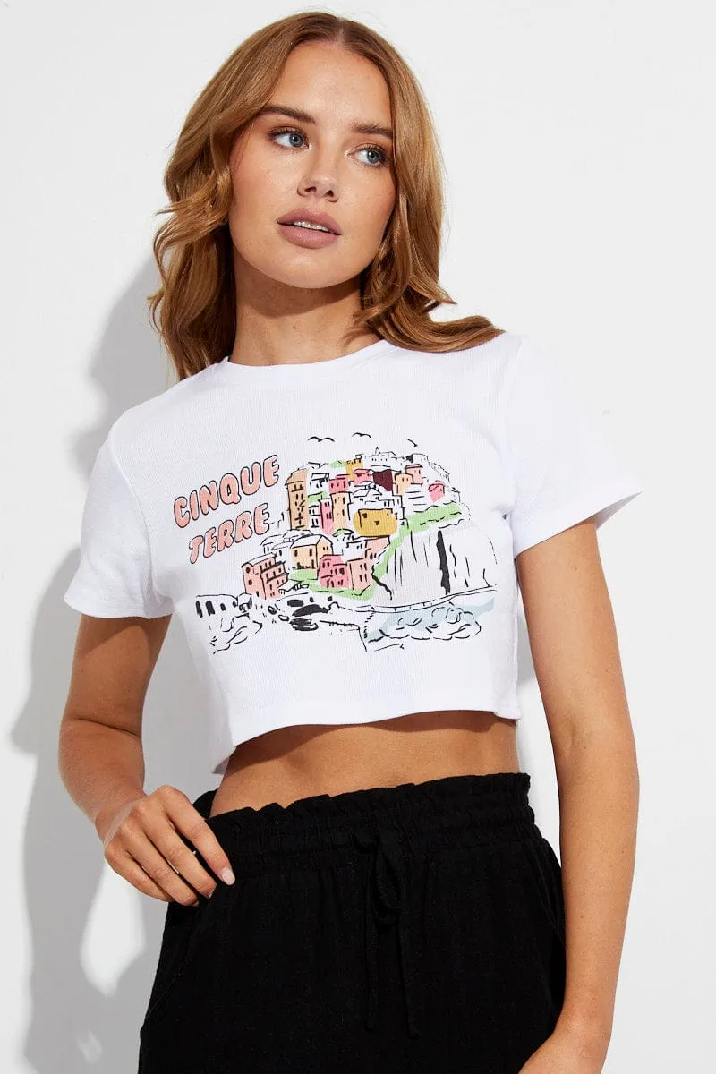 White Graphic Tee Italy Vacation Crop T-Shirt