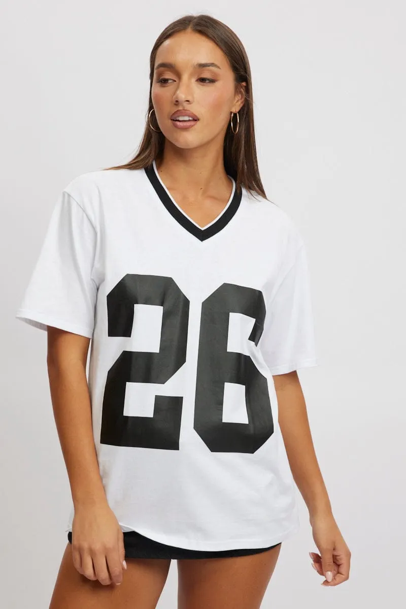 White Graphic Tee V Neck Short Sleeve