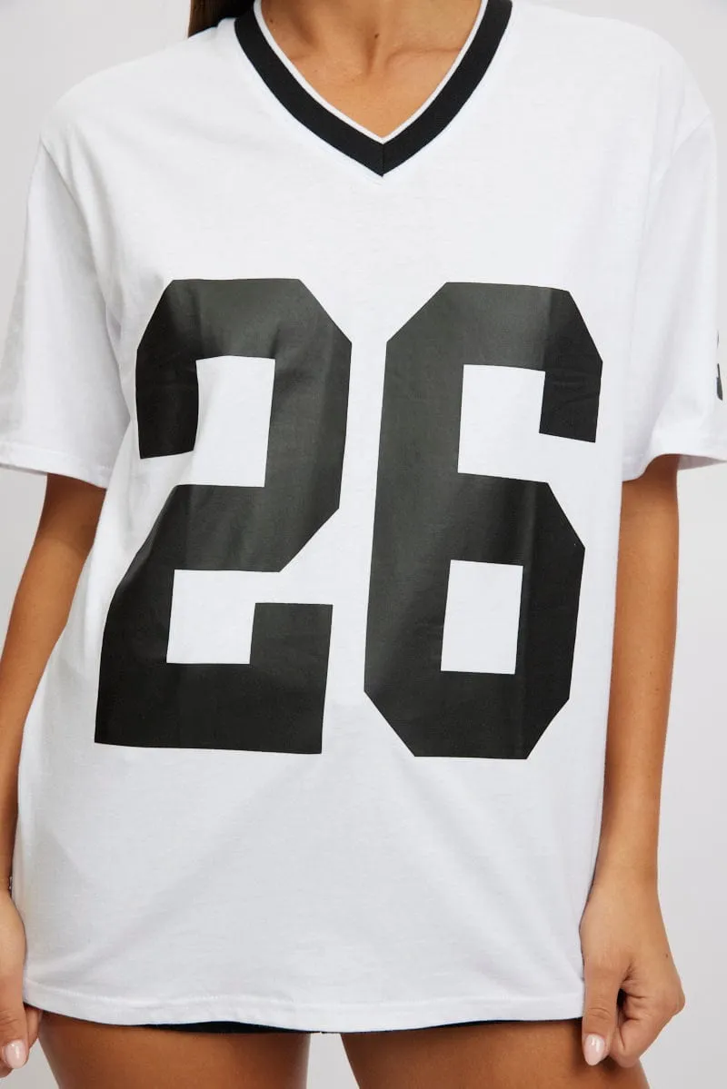 White Graphic Tee V Neck Short Sleeve
