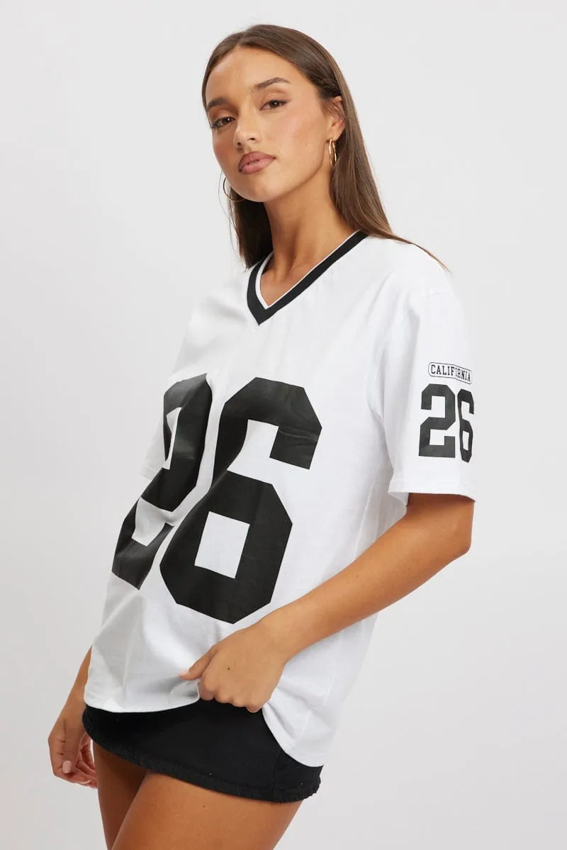 White Graphic Tee V Neck Short Sleeve