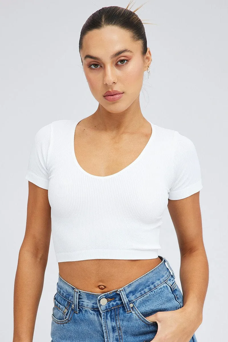 White T Shirt Short Sleeve V Neck Seamless