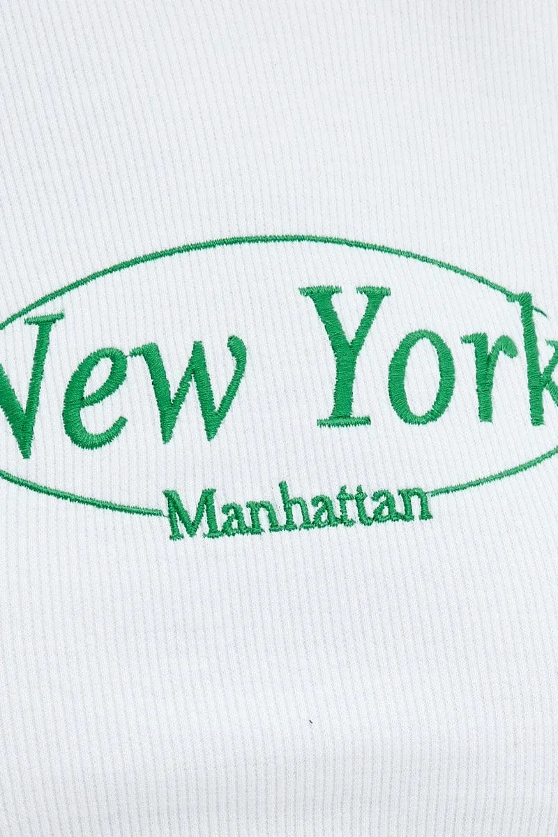 White Tee Crop Short Sleeve New York Embroidery