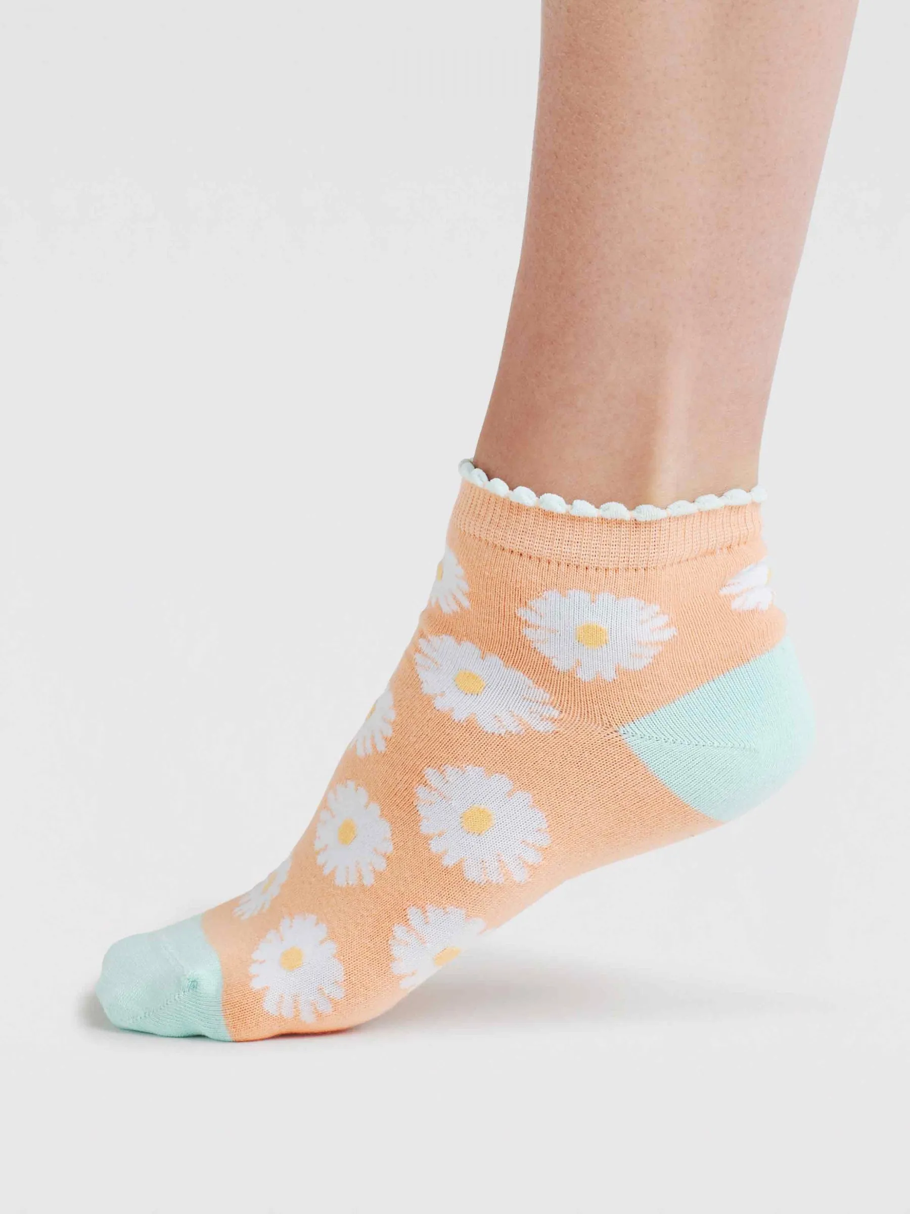 Womens Daisy Floral Organic Cotton Ankle Socks - Tangerine Orange