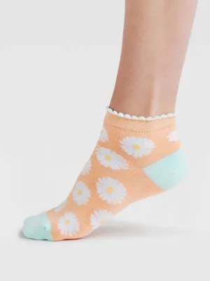 Womens Daisy Floral Organic Cotton Ankle Socks - Tangerine Orange