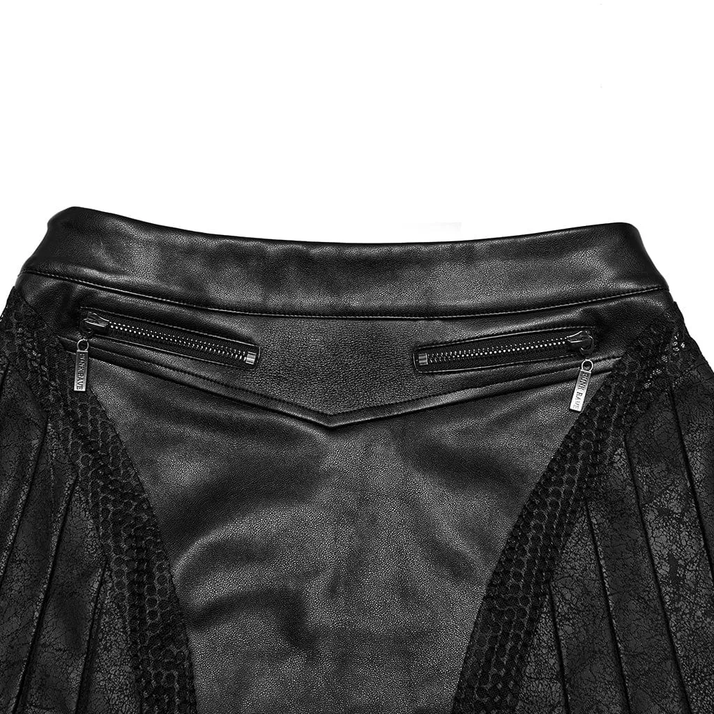 Women's Punk Faux Leather Splice Pleated Skirt