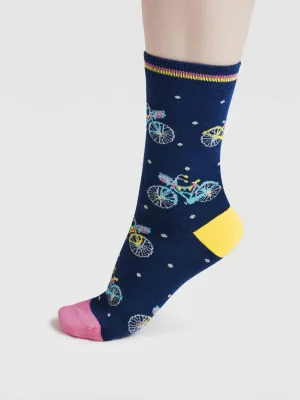 Womens Rosette Bike Bamboo Socks - Indigo Blue