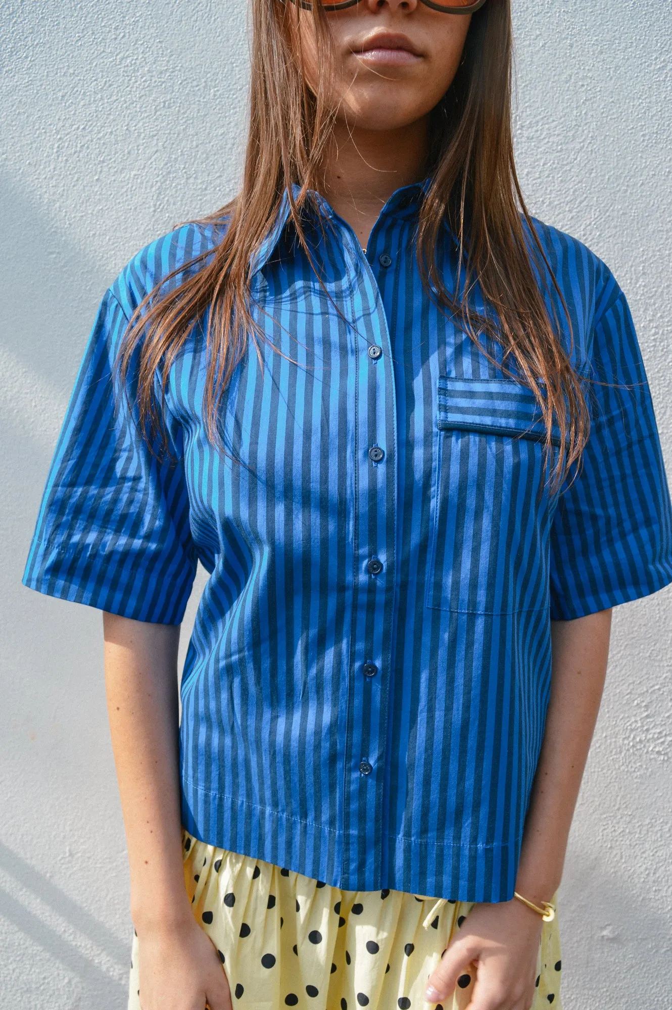 Yerse Bubble Striped Azure and Navy Shirt
