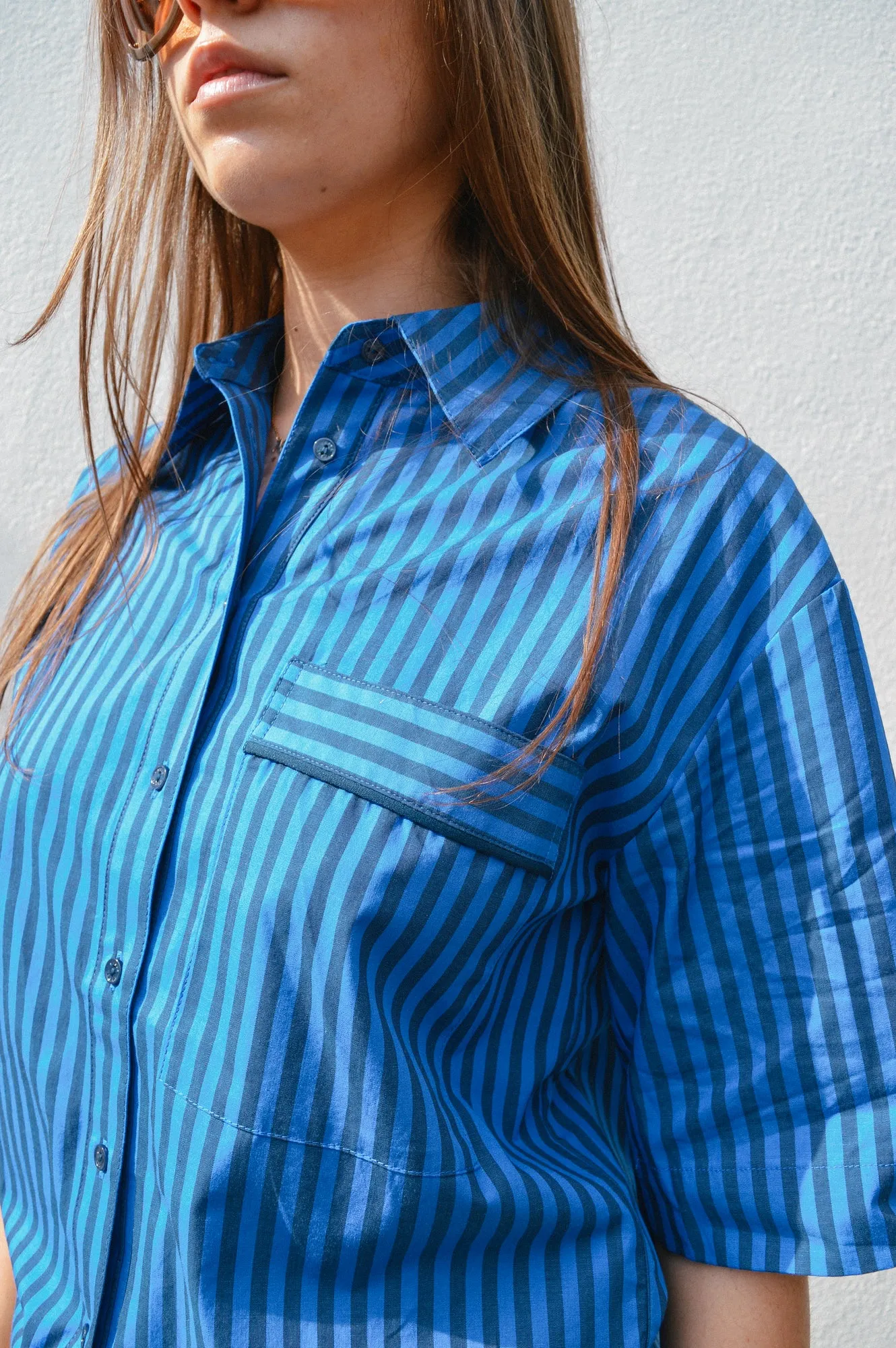 Yerse Bubble Striped Azure and Navy Shirt